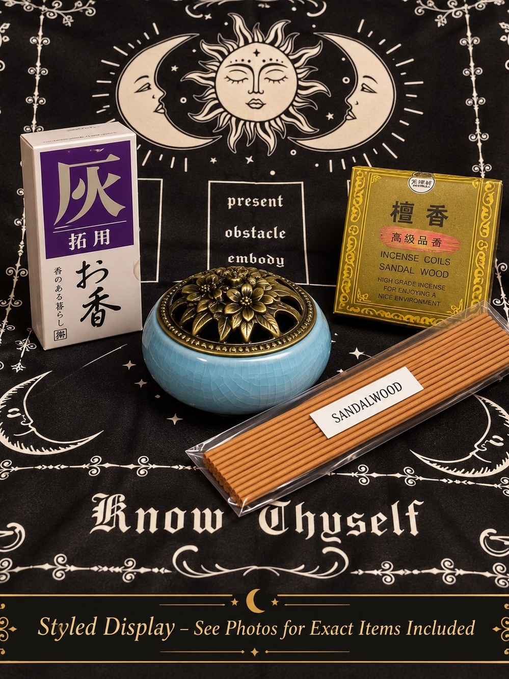 NEW Celestial Altar Incense Set Blue Ceramic Burner Know Thyself Moon Cloth